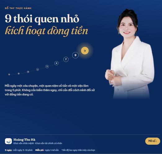 Bìa sổ tay thực hành 9 thói quen nhỏ kích hoạt dòng tiền của Coach Hoàng Thu Hà