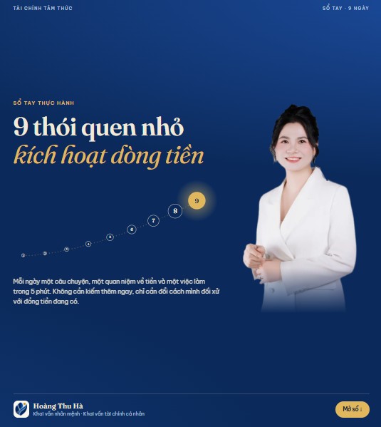 Bìa sổ tay thực hành 9 thói quen nhỏ kích hoạt dòng tiền của Coach Hoàng Thu Hà
